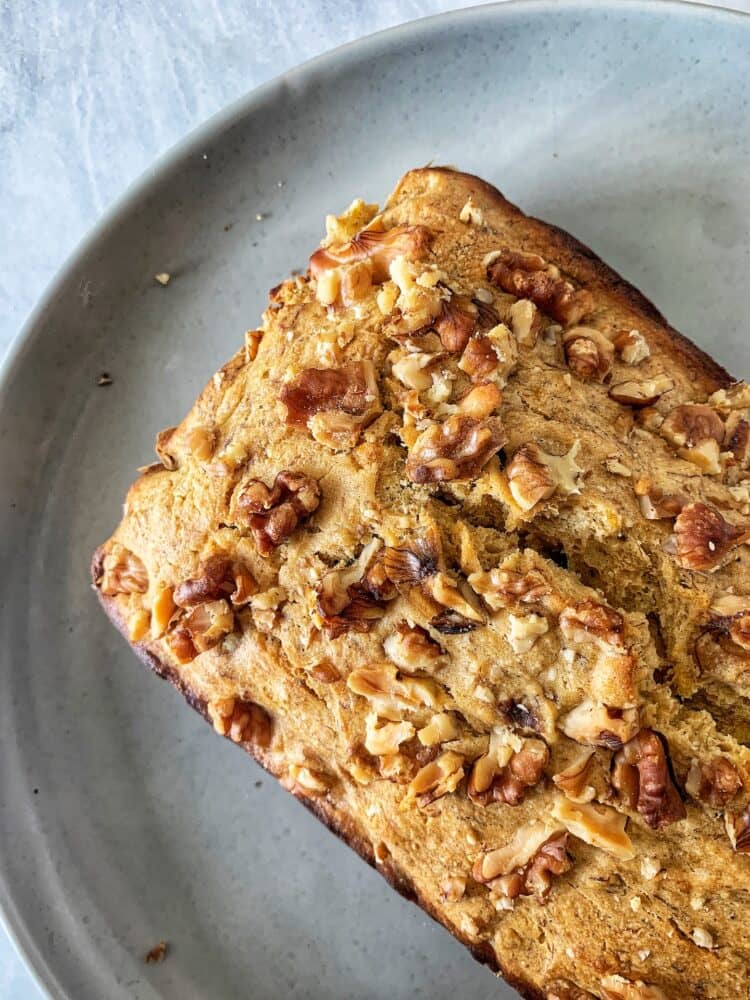 Sweet Plantain Bread topped with walnuts