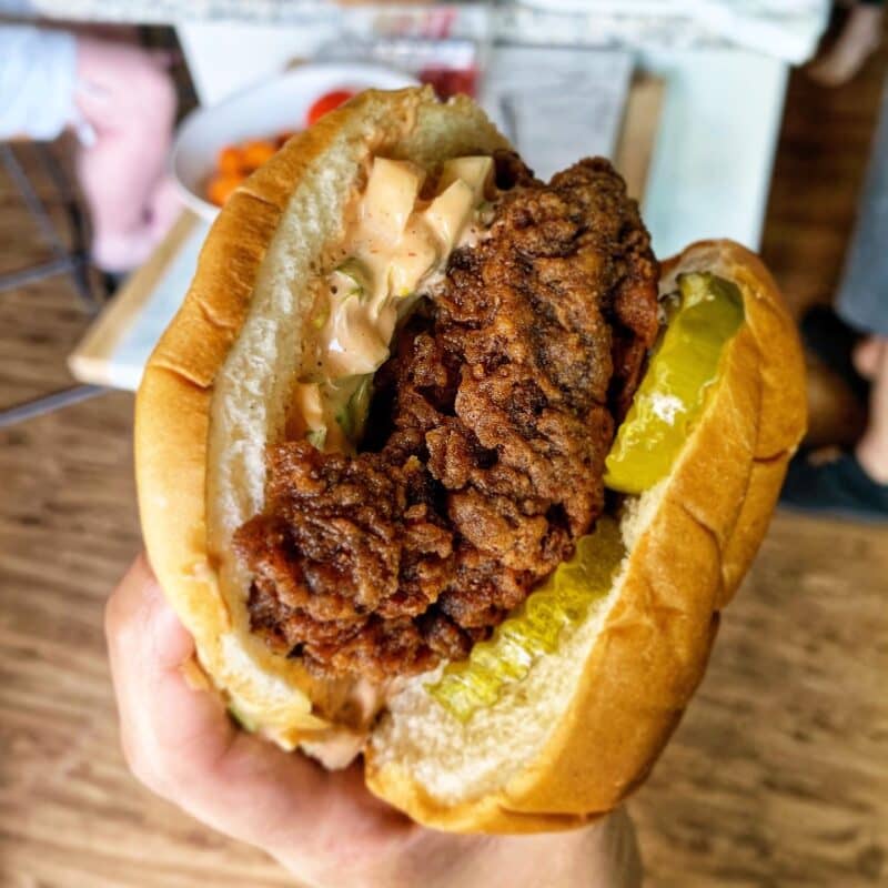 Fried chicken sandwich with pickles and special sauce